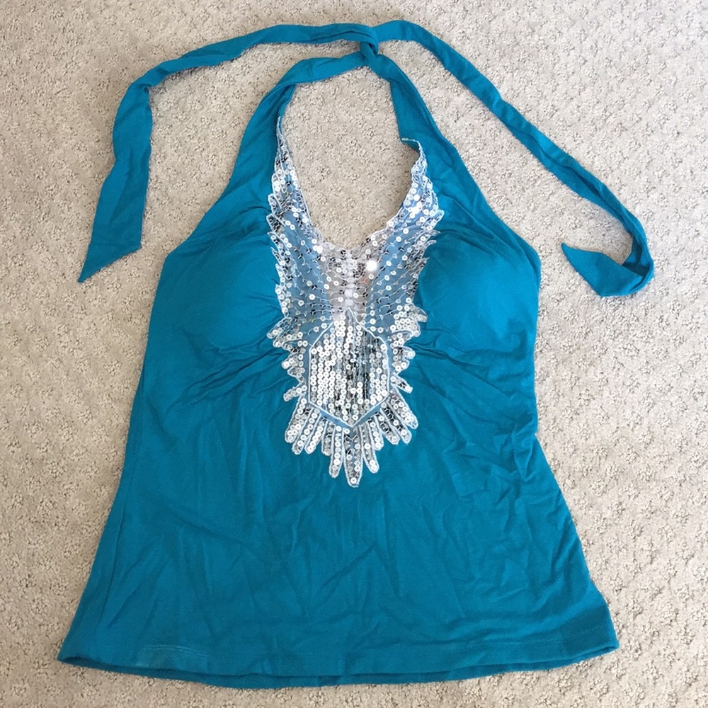 Turquoise with sequence peep through halter top